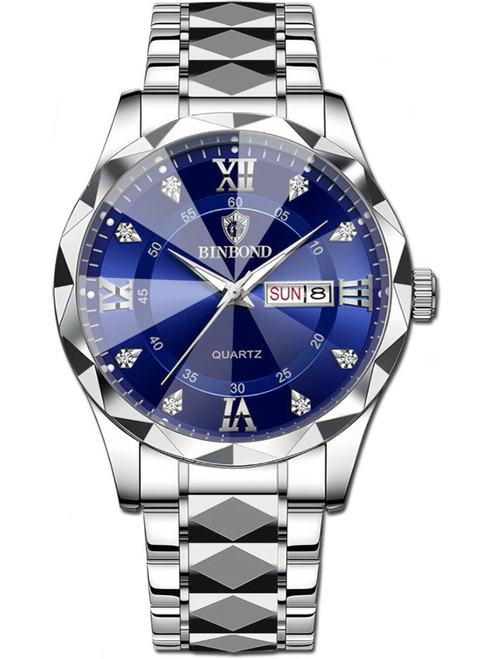 Unisex Blue And Black Analog Stainless Steel Roman Numeral Diamond Luxury Watch